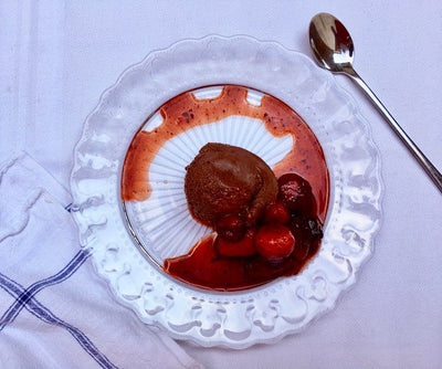 Chocolate mousse with Black Garlic strawberries