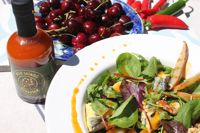 Pear, walnut & Isle of Wight Blue Cheese salad with Chilli Cherry Drizzle