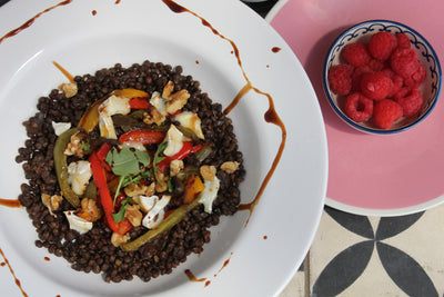 Puy lentils, goat's cheese & roasted peppers with Raspberry Balsamic Dressing & Dip