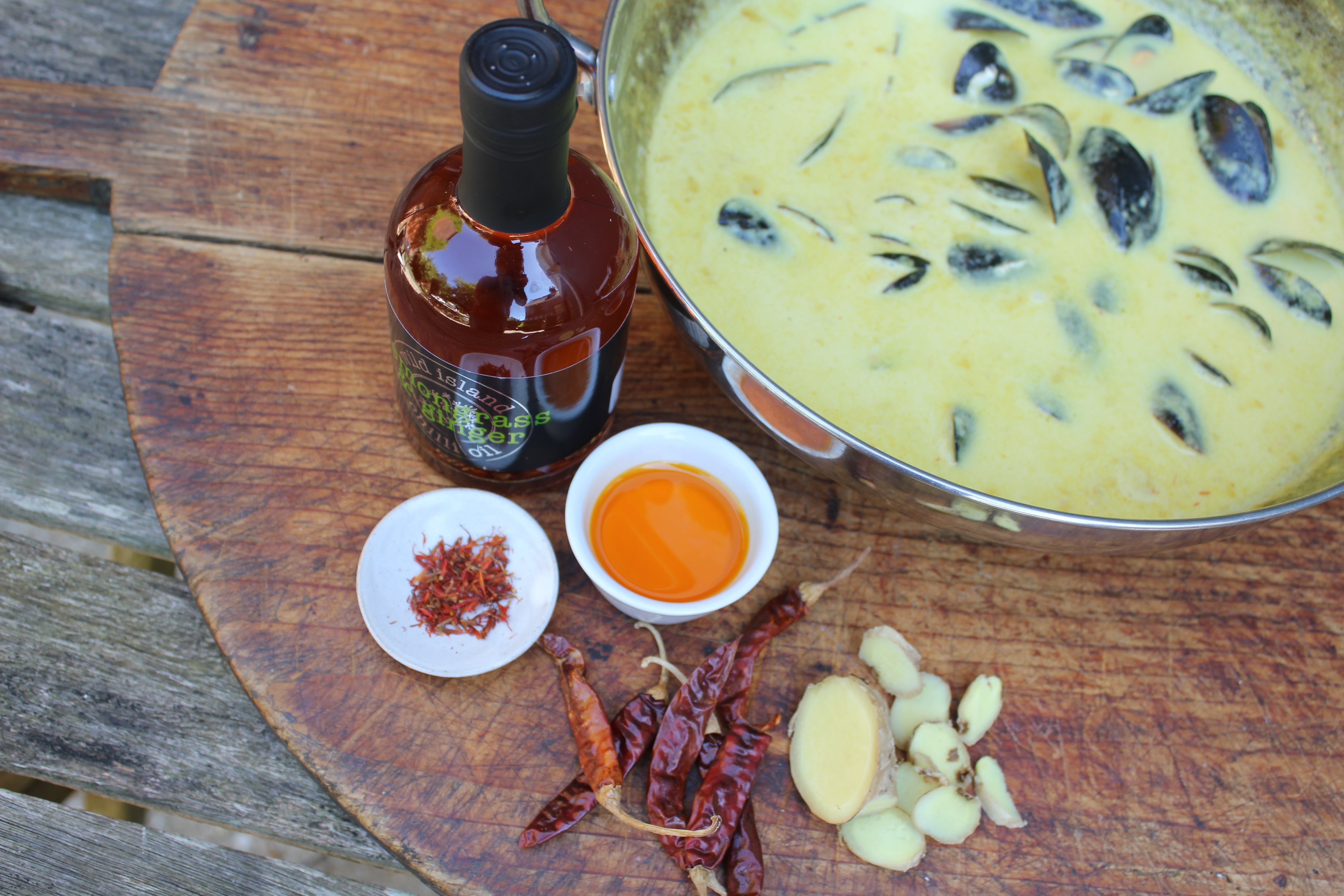 Mussels in coconut with Lemongrass, Ginger & Chilli Oil The Garlic Farm